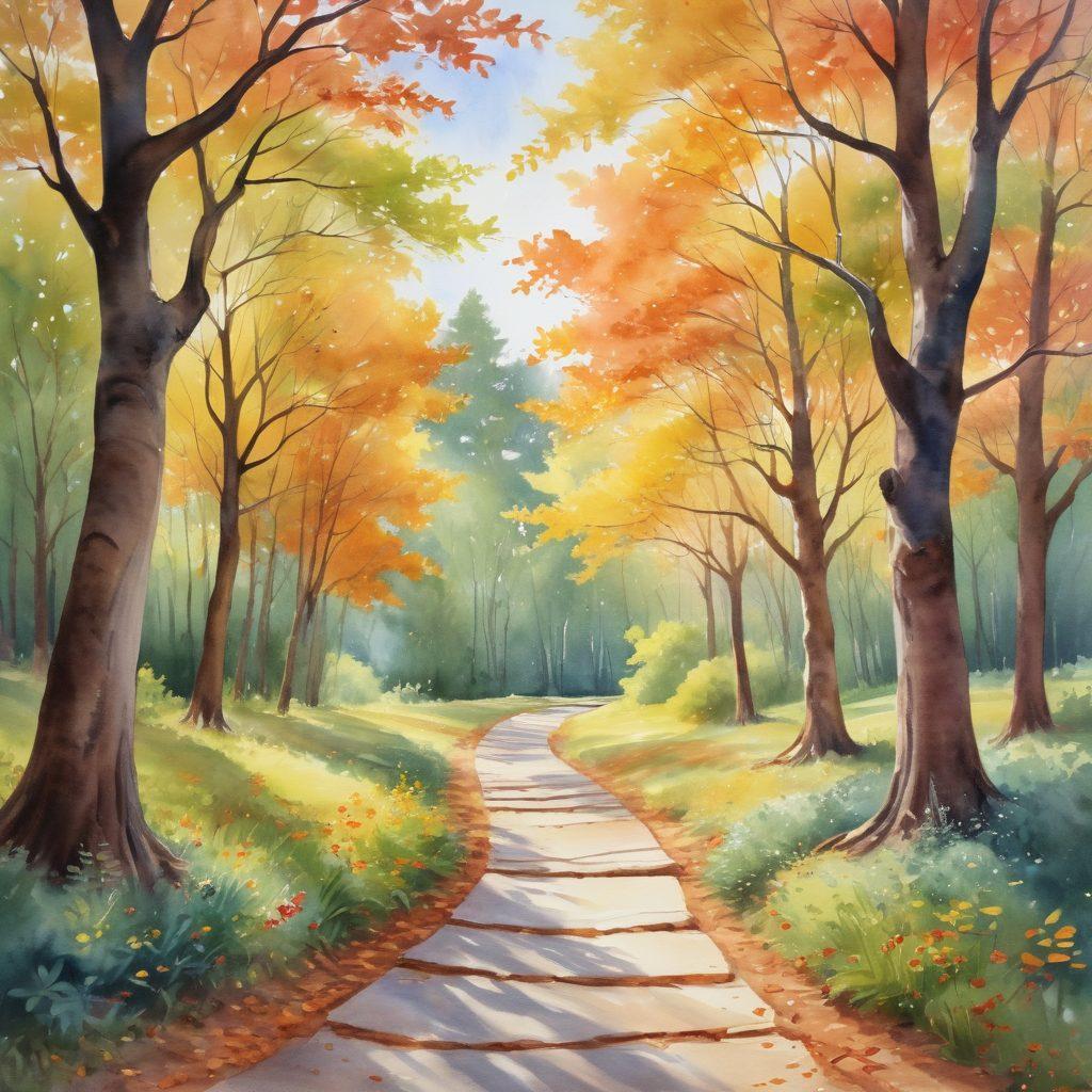 A serene landscape depicting a winding path that transitions from a cozy counseling room to an open, sunlit space representing life coaching. In the foreground, a diverse group of people engage in heartfelt conversations and reflective activities, symbolizing personal growth. Trees with colorful leaves and motivational quotes on their trunks line the path, representing milestones in one’s journey. Soft, inviting colors create a harmonious vibe, enhancing the sense of exploration and transformation. watercolor painting. soft pastels. nature-inspired.